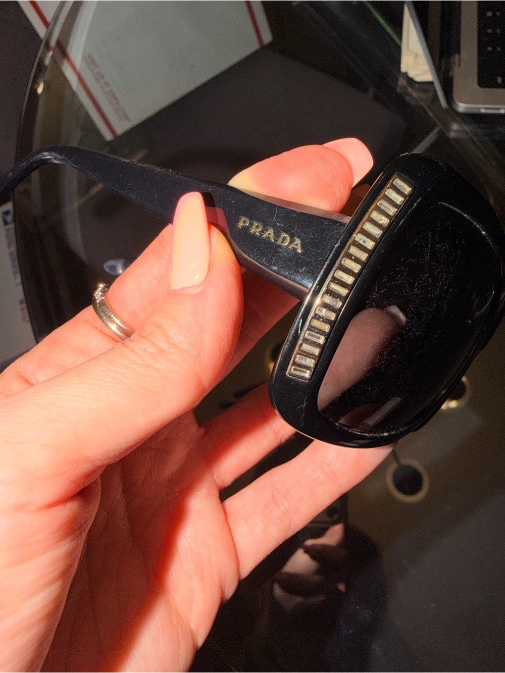 Prada Glossy Black Square Sunglasses with Rhinestones and Gold Logo - Picture 4 of 7